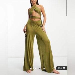 slinky cross-neck wide leg beach jumpsuit in olive